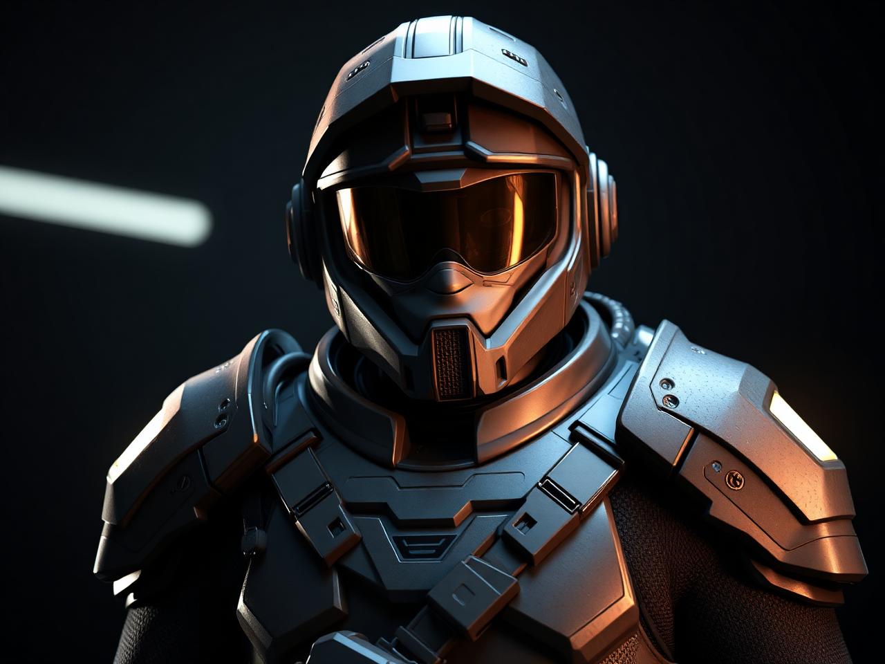 Stylized 3D character in futuristic armor with helmet visor