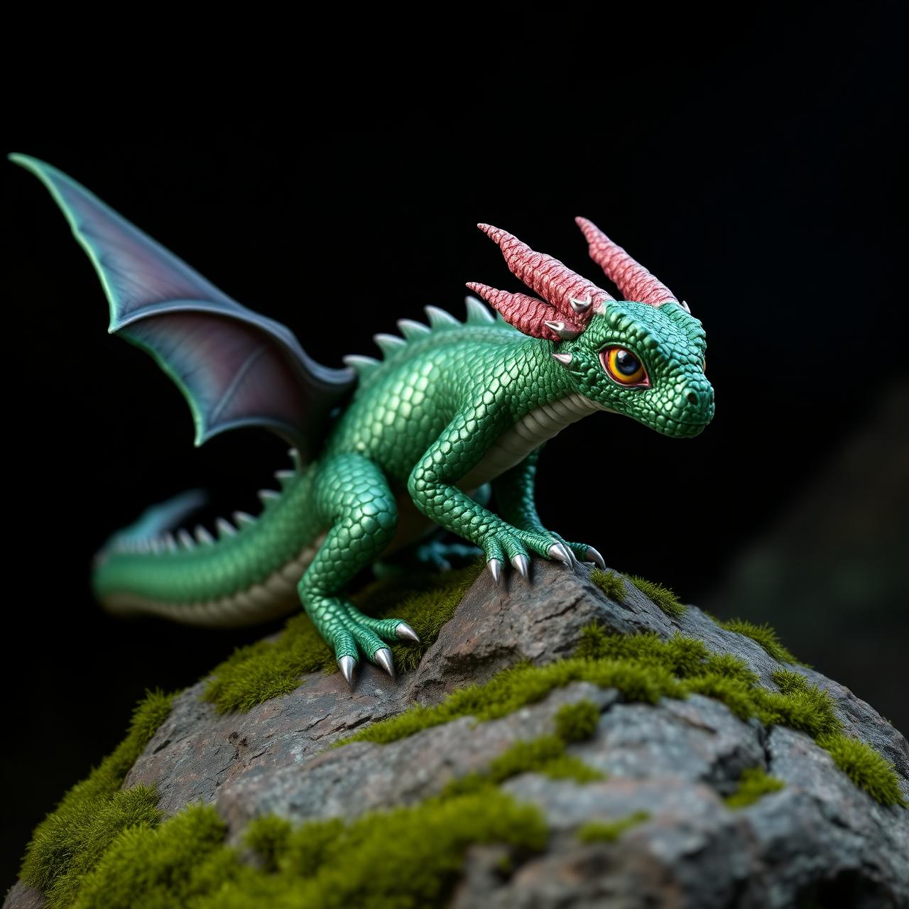 Stylized 3D creature with iridescent green scales perched on a mossy rock